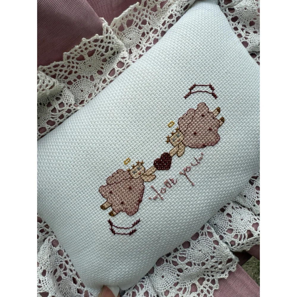 Vintage Cross Stitch Handmade Pillow “LOVE YOU” Angels Rectangle Lace Ruffles